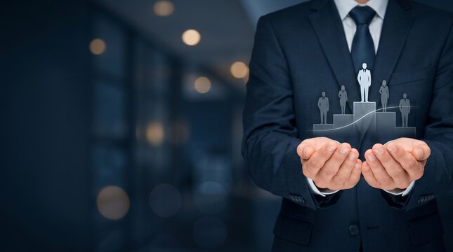 Businessman presenting virtual podium representing leadership success and career growth