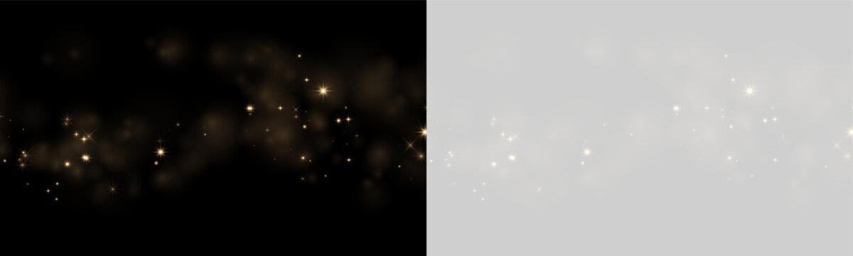 Soft golden starry particle trail with glowing sparkles on black and transparent background on transparent background