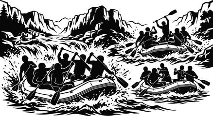 Obraz premium Whitewater rafting silhouette vector illustration, extreme sports river rafting background, team outdoor adventure landscape, mountain nature action design elements