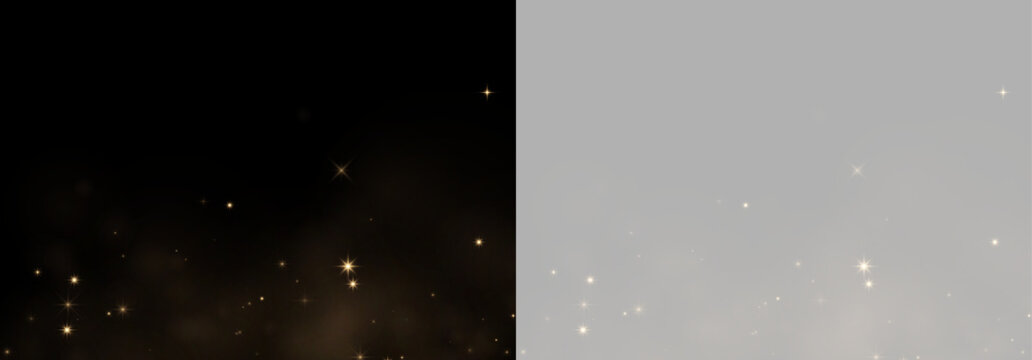 Scattered golden sparkles twinkling over a dark gradient background with transparent side on transparent background