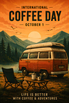 Vintage van camping with coffee setup at sunset