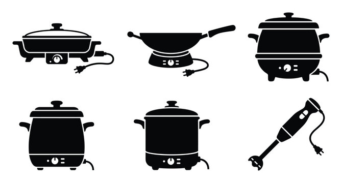 Set of kitchen appliance icons. Electric skillet, wok, multicooker, slow cooker, immersion hand blender symbols. Cooking food preparation equipment, home kitchenware, cookware pictogram.