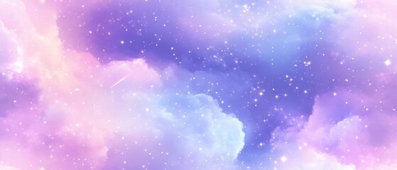 Fototapeta premium Dreamy Pastel Pink and Blue Starry Sky with Glowing Clouds and Sparkling Stars