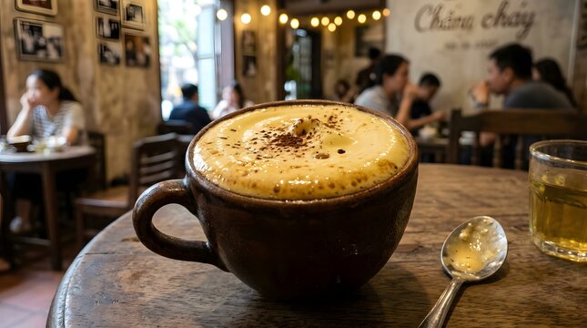 Rich frothy coffee drink in rustic cafe setting with blurred patrons