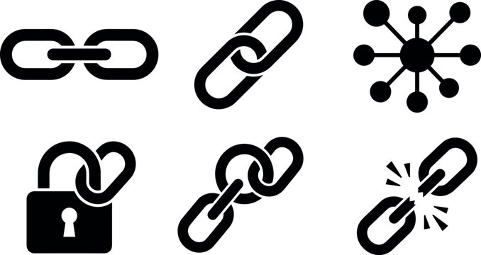 Chain Link Connection Icons Set with Broken Link, Secure Lock, Network Node and Hyperlink Symbols in Minimal Black Glyph Vector Collection