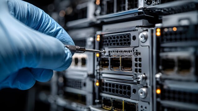 IT Technician Repairing Network Server Hardware with Screwdriver