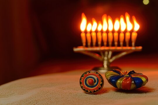 Hanukkah menorah with glowing candles lit against a color background for traditional holiday celebration