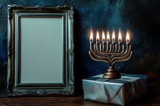 Hanukkah menorah with burning candles and a wrapped gift box on a festive bokeh background for holiday