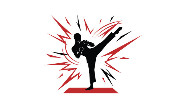 Silhouette of a martial artist performing a powerful high kick with dynamic red and black geometric motion effects in the background.