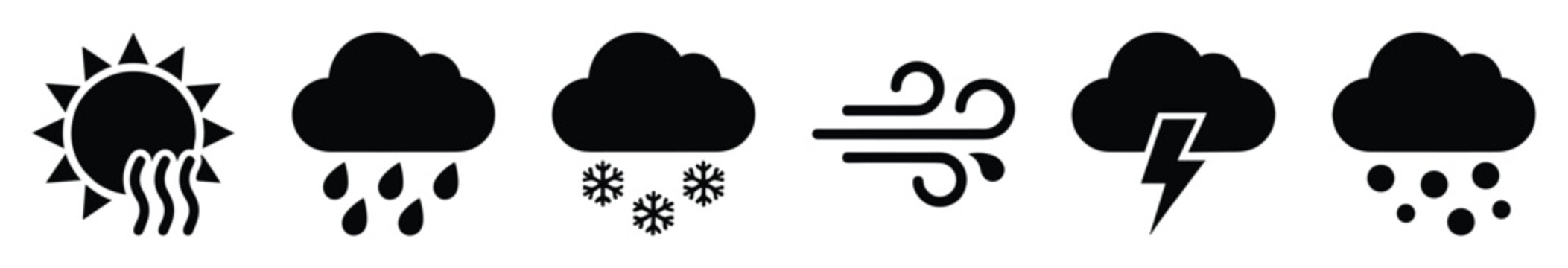 Set of weather icons. Sun, rain, snow, wind, storm, sleet symbols. Climate condition forecast pictograms. Flat monochrome ui web app signs.