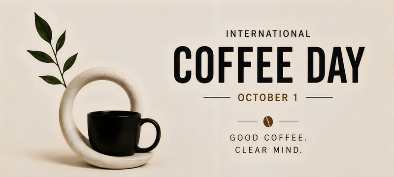 International Coffee Day poster with coffee cup and leaf