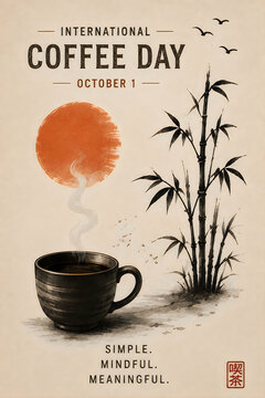International Coffee Day poster with bamboo and coffee cup