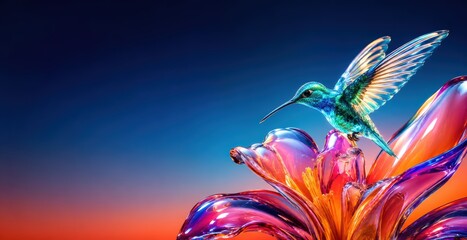 Naklejka premium Glowing Hummingbird Above Liquid Glass Tropical Flowers Banner