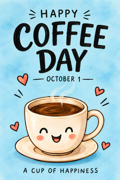 Happy Coffee Day illustration with cute coffee cup