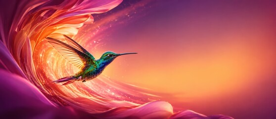 Naklejka premium Hummingbird Flying Through Luminous Giant Petal Tunnel