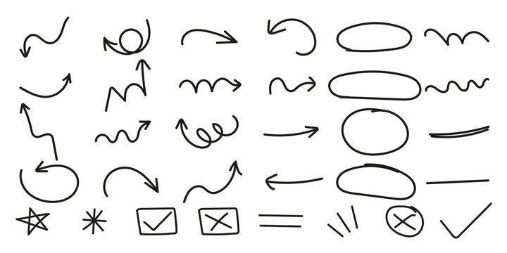 Set of hand drawn arrows circles and doodle elements for business presentation and design annotation