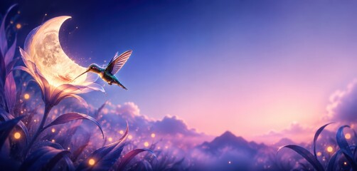 Naklejka premium Hummingbird Feeding From Glowing Crescent Moon Flower