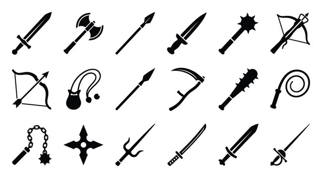 Set of weapon icons. Medieval armament collection, war tool symbols. Combat equipment pictogram, adventure game asset, fantasy UI.