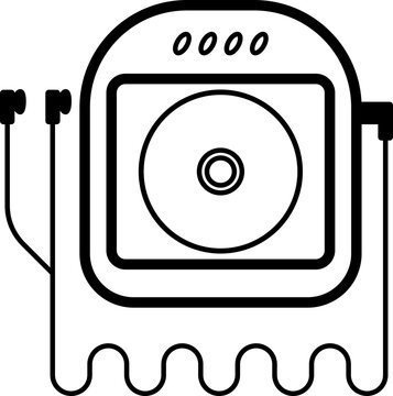 Portable CD Player Icon with Headphones, Retro Discman Line Art Vector. Minimalist line icon of a portable CD player with earbuds and coiled cable, perfect for music, technology, and retro