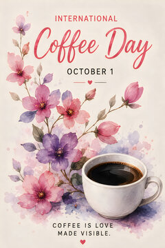 International Coffee Day illustration with cup and flowers