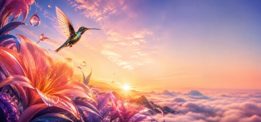 Naklejka premium Hummingbird Over Giant Blooming Flowers at Dreamy Sunrise