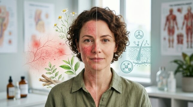 Facial erythema syndrome: rosacea cosmetic, dermatology therapy, skin redness, vascular inflammation, epidermal cure, botanical healing, clinical healthcare.