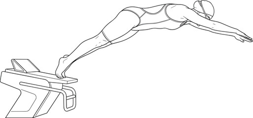 Fototapeta premium Line drawing of competitive swimmer diving from starting block