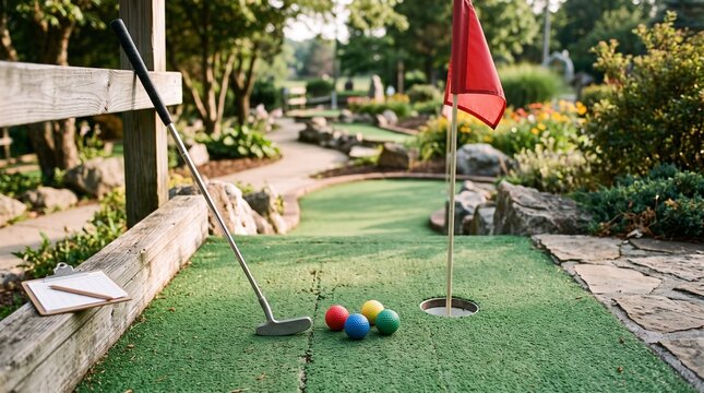 Mini golf course with putter balls and scorecard on green turf with surface surrounded trees putter four colorful recreation clipboard outdoor leisure flowers pencil with hobby