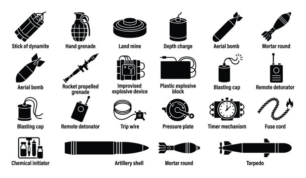Set of explosive device icons. Bomb, weapon, dangerous object, military equipment, demolition tool, warfare symbols. Black silhouette vector collection.