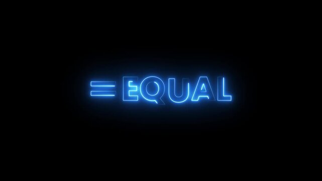 Neon blue equal text sign glowing on black background for digital business presentations.