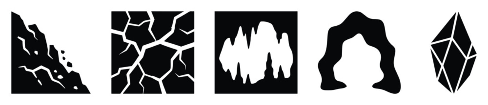 Set of geological nature icons. Rockfall, cracked earth, cave entrance, stone arch, mineral crystal symbols. Earth formation, natural elements, graphic silhouettes.