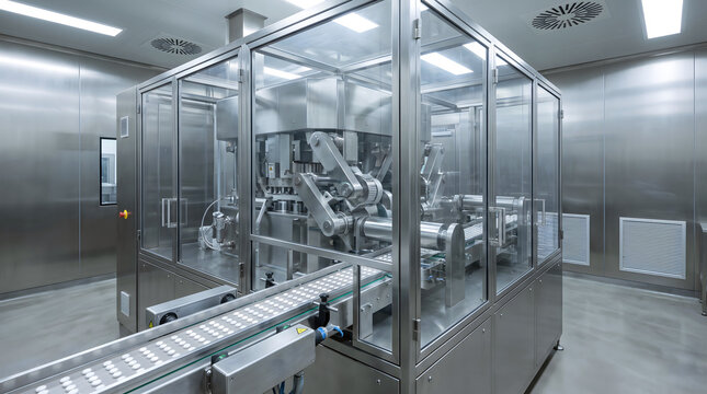 Industrial pharmaceutical pill packaging machine with a glass enclosure, metal conveyor belt, and sterile stainless steel cleanroom environment