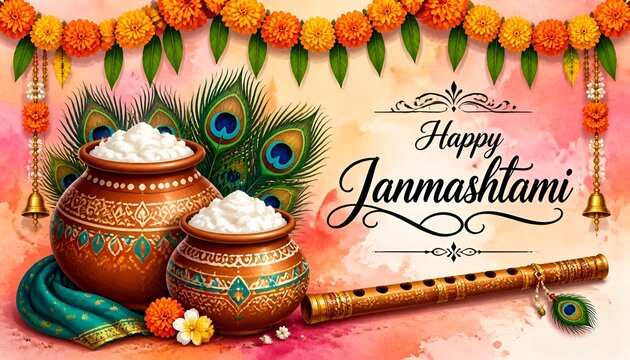 Happy Janmashtami festival watercolor background with traditional pots, peacock feathers and flute, floral garland