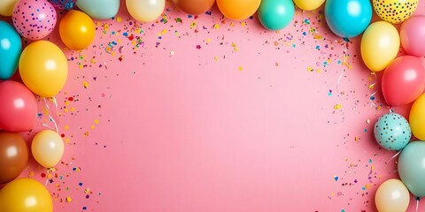 Fototapeta premium Festive Birthday Party Border with Bright Colorful Balloons and Scattered Confetti on Pink Backdrop