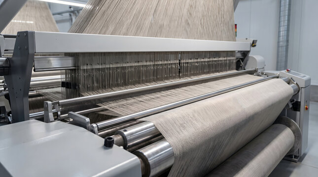 Industrial weaving loom machine processing beige fabric, showing vertical threads feeding into metal rollers and a finished textile roll in a factory