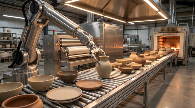 Robotic arm placing a clay vase on a metal conveyor belt in a pottery factory, with ceramic bowls and plates moving toward a glowing kiln