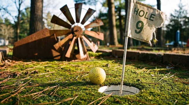 Mini golf ball approaching hole with flag with weathered flag surrounded surrounded moss pine near hole marked miniature golf pine needles golf course yellow mini recreation