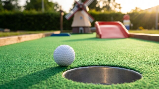 Mini golf ball approaching hole on green course with windmill with windmill background recreation artificial colorful daylight putting leisure outdoor sport metal