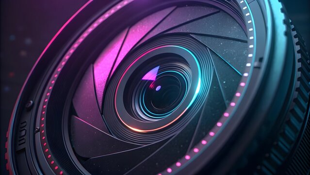 Extreme close-up of a camera lens aperture with vibrant neon pink and blue lighting effects.