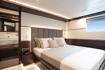 Fototapeta premium Interior of a modern superyacht guest cabin, with double bed, decorative pillows and modern lighting