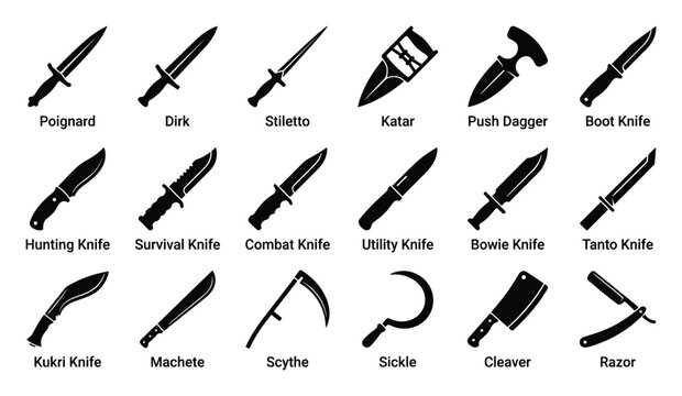 Set of knife and blade icons, sharp tool collection. Daggers, hunting, survival, combat, utility, bowie, tanto, kukri, machete, cleaver, razor. Scythe, sickle symbols, diverse weapon types.