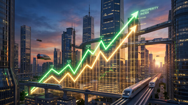 Futuristic City Skyline with Glowing Prosperity Index Stock Chart and High Speed Trains