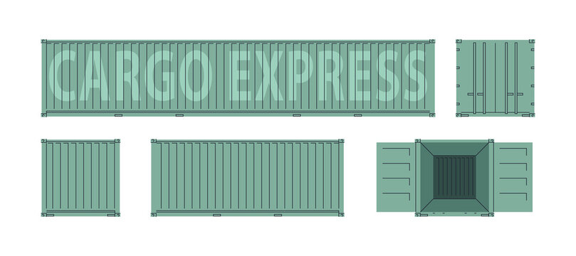Set of green blue cargo shipping containers in various angles and projections