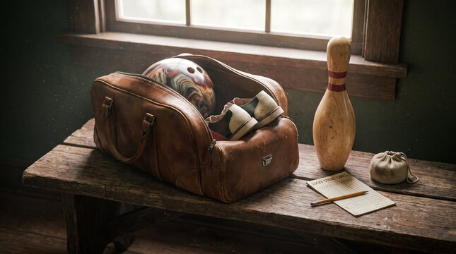 Vintage bowling equipment on wooden table by window with equipment including leather scorecard arranged rustic still life bowling ball pin scorecard leather bag shoes with hobbies