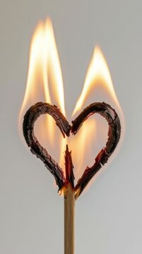 Burning heart shape made from matchsticks with flames, vertical video  