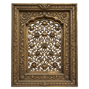 Rectangular Dravidian Brass Temple Window Screen with Cusped Arch and Lotus Relief