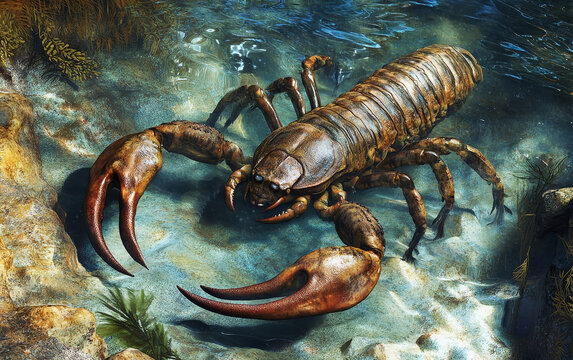 Prehistoric eurypterid sea scorpion crawling on the rocky bed of a shallow ancient sea