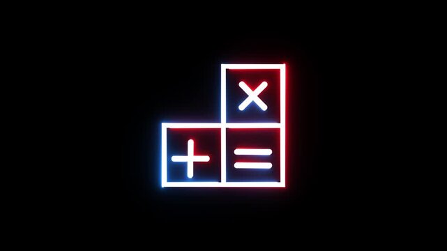 Neon math icon glowing with red and blue light effect on black background dynamic motion.