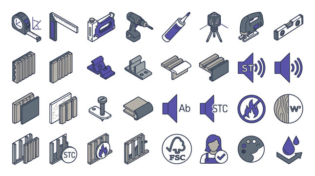 Vector Set of construction tools and building materials isometric vector icons. EPS Editable