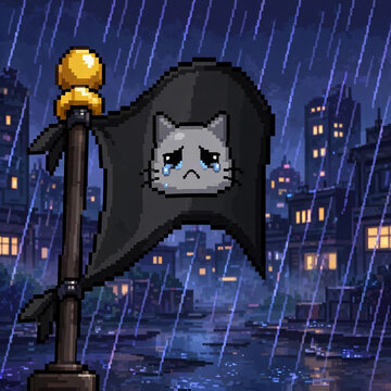 Minimalist pixel flag with a sad cat face